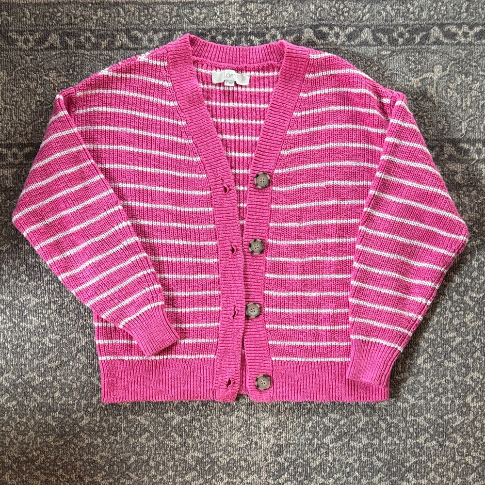 LOFT Pink and White Striped Cardigan S